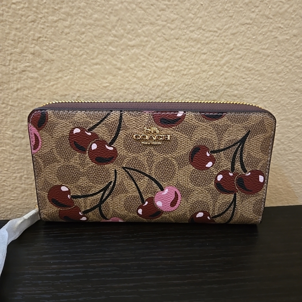 Coach Long Zip Around Wallet In Signature Canvas With Cherry Print - Picture 7 of 13
